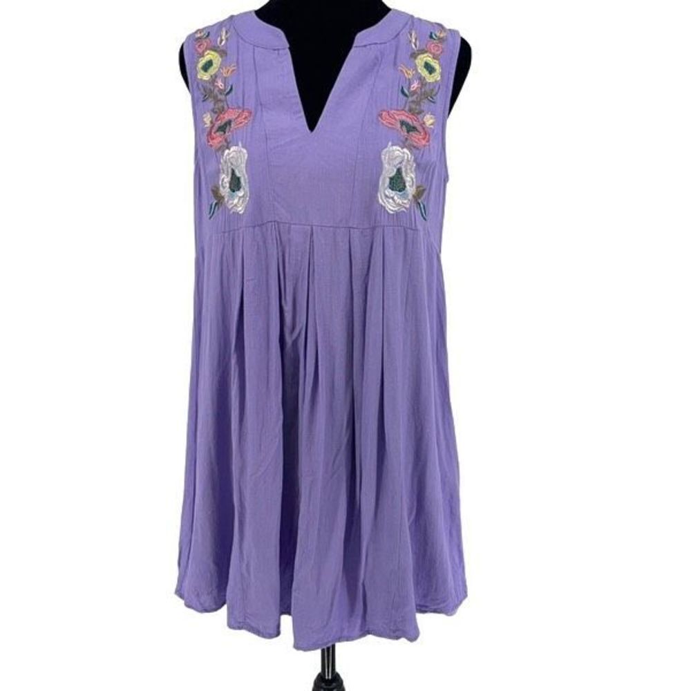 Entro Womens Tunic Tank Top Sleeveless Embroidered Floral V Neck Purple Small